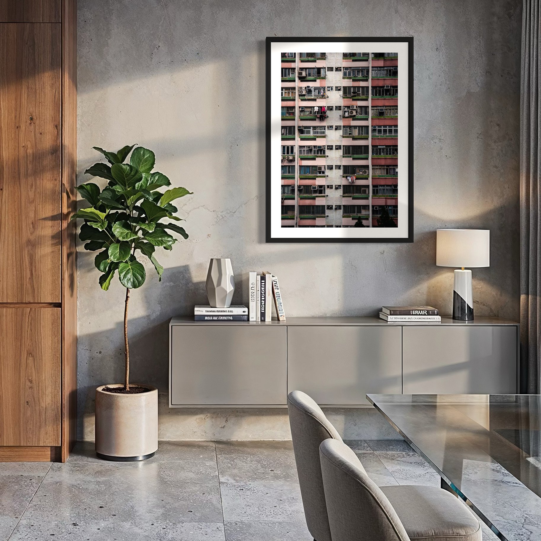 Hong Kong apartment facade fine art print displayed in a contemporary dining and living space