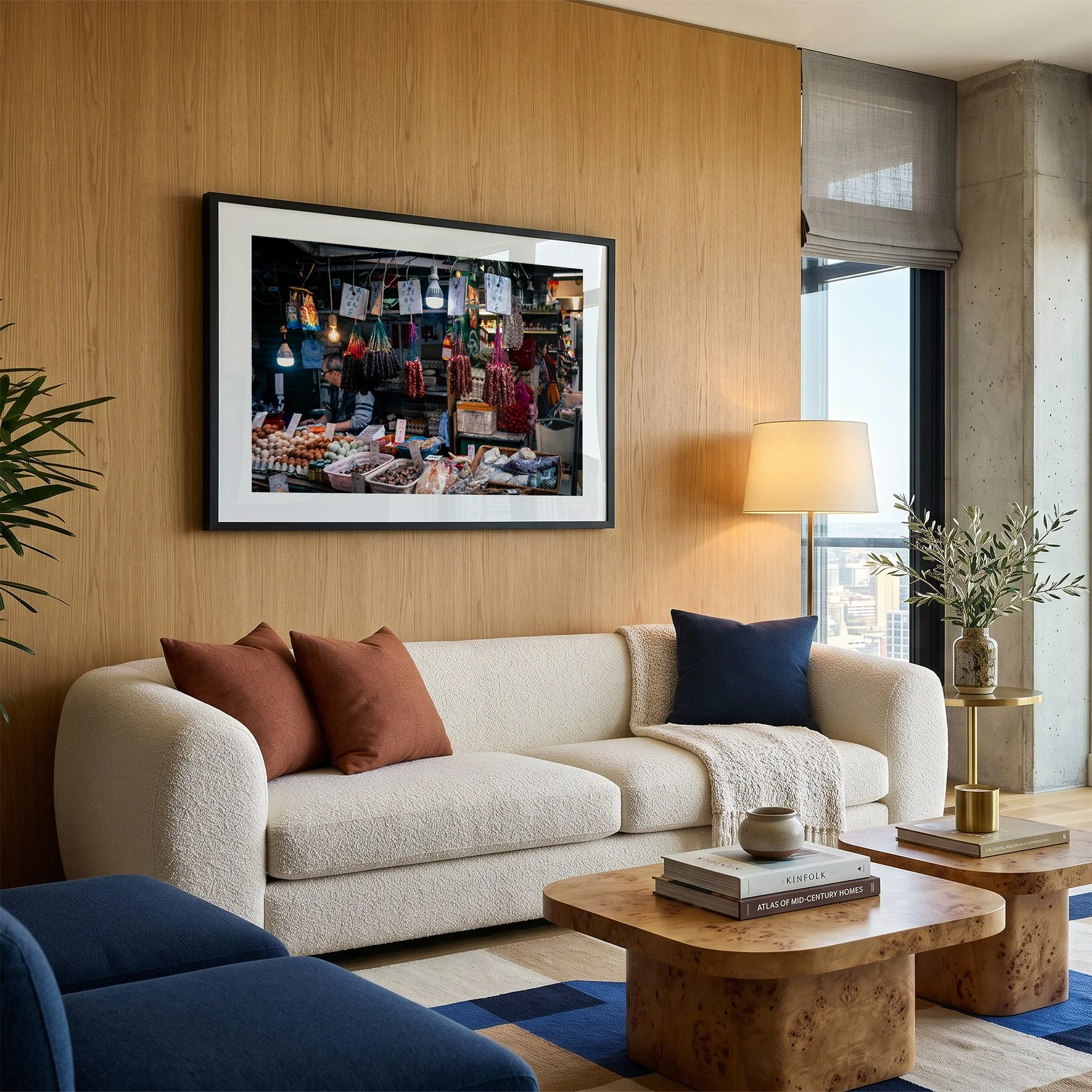 Hong Kong market photography print displayed in a black frame with white mat above a cream sofa in a contemporary timber-panelled living room.