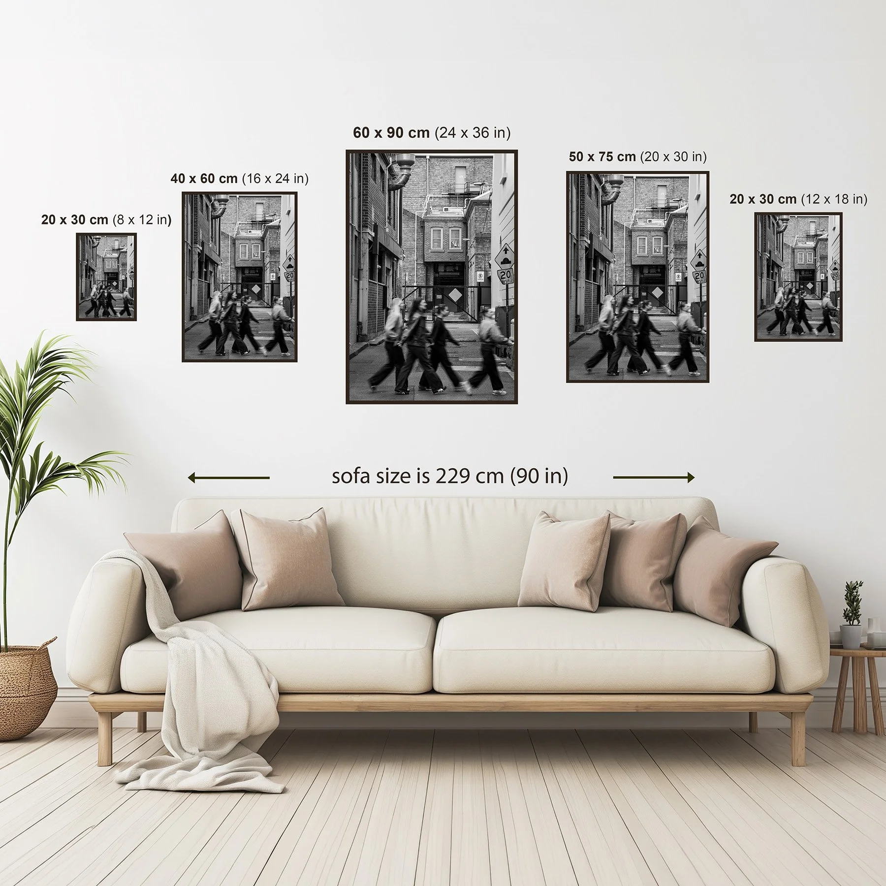 Photography print size guide showing available wall art sizes from 20 × 30 cm to 60 × 90 cm above a sofa for scale.