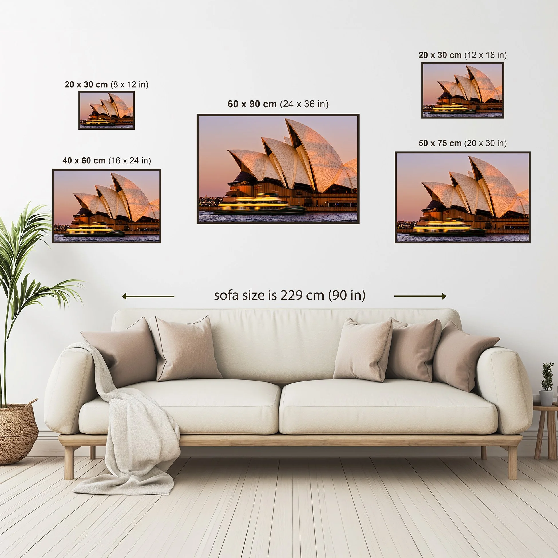 Print size guide showing available dimensions for the Sydney Opera House photographic print.