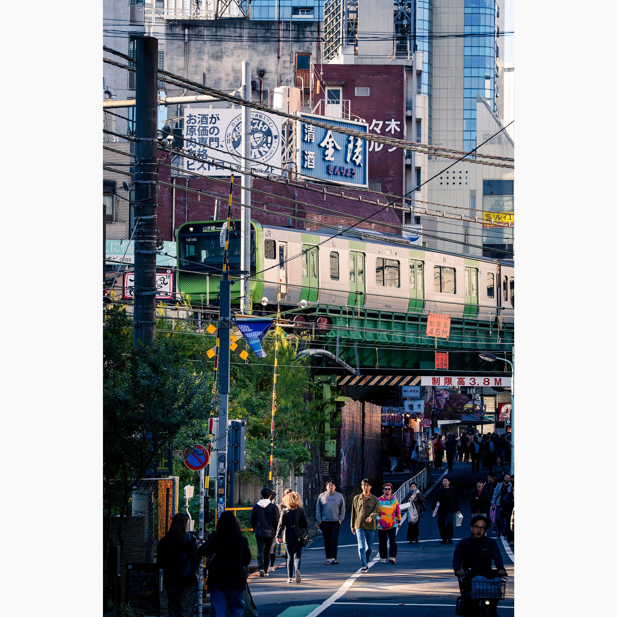 Tokyo street photograph of a green Yamanote Line train above pedestrians, Japanese signs and layered overhead cables.