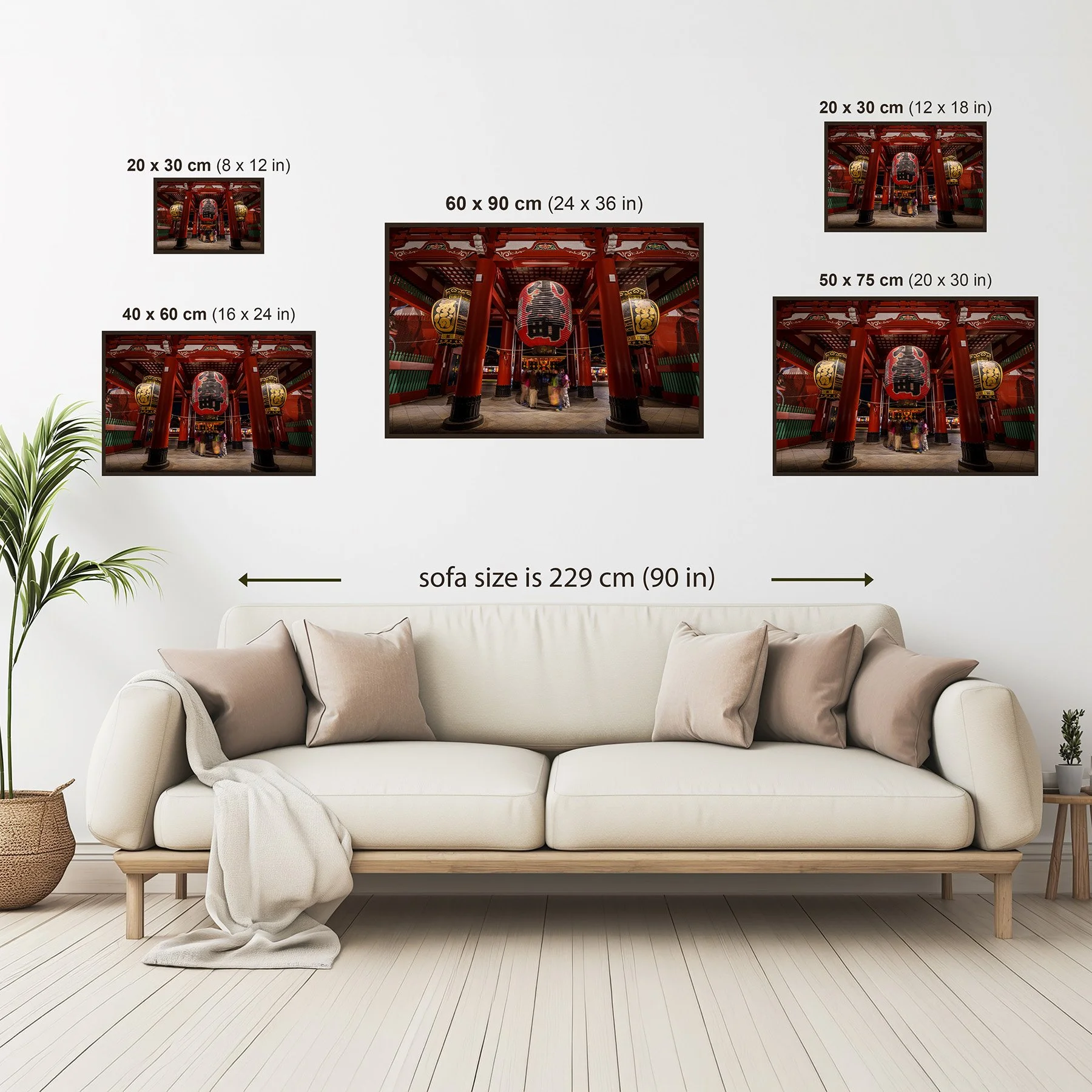 Photography print size guide showing available Senso-ji Tokyo wall art sizes from 20 x 30 cm to 60 x 90 cm.