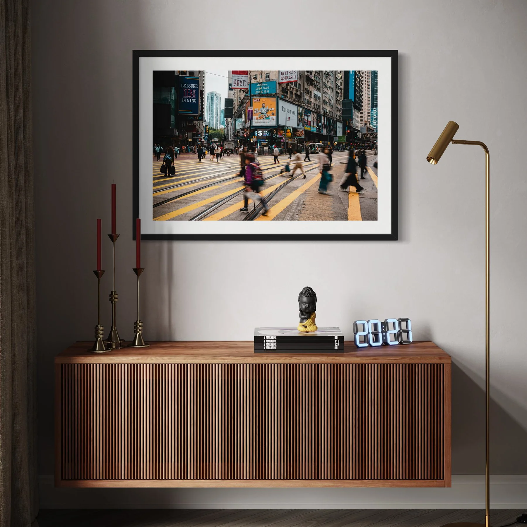Contemporary Hong Kong street photography wall art displayed above a walnut slatted sideboard in a modern minimalist interior.