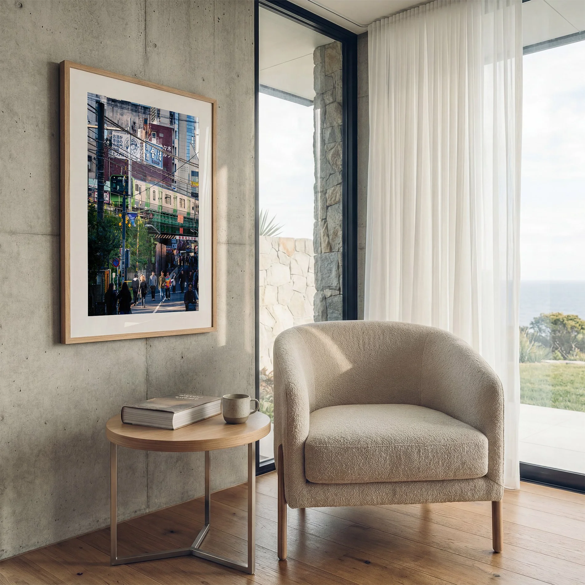 Tokyo street photography print featuring a Yamanote Line train, displayed in an oak frame with white mat in a bright contemporary interior with a concrete wall.