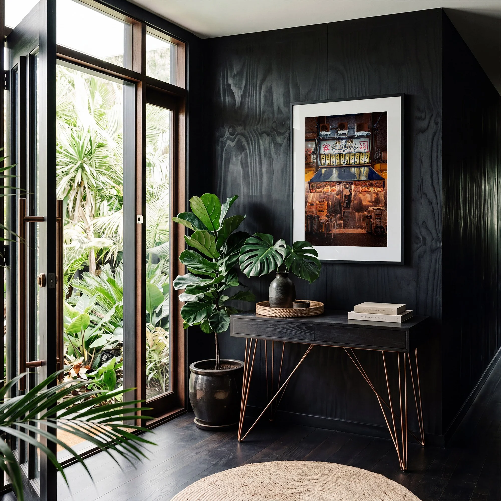 Tokyo izakaya photography print displayed in a black frame against a dark timber wall in a contemporary interior.