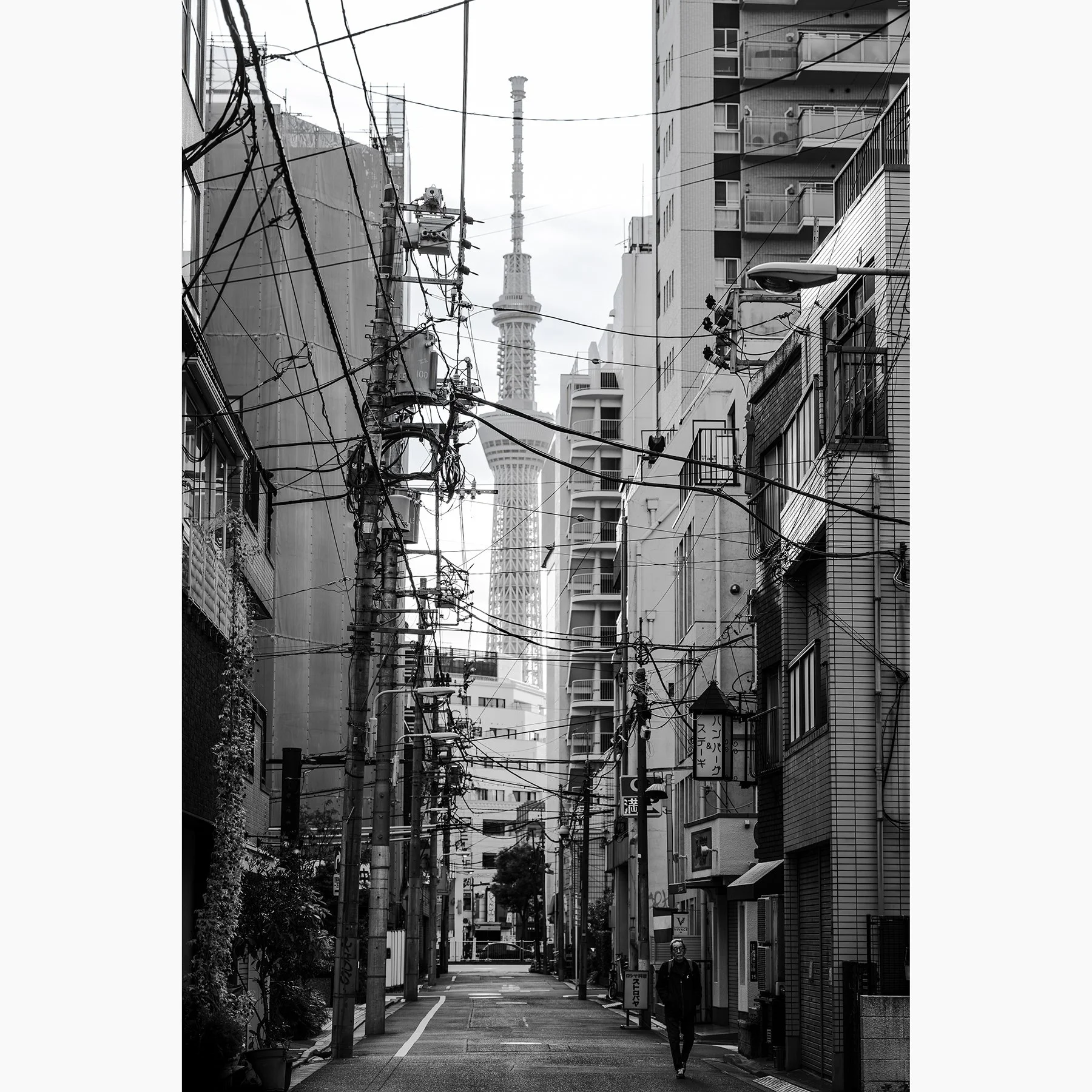 Black and white Tokyo street photograph of Skytree rising above a dense backstreet of buildings, power poles and overhead wires.