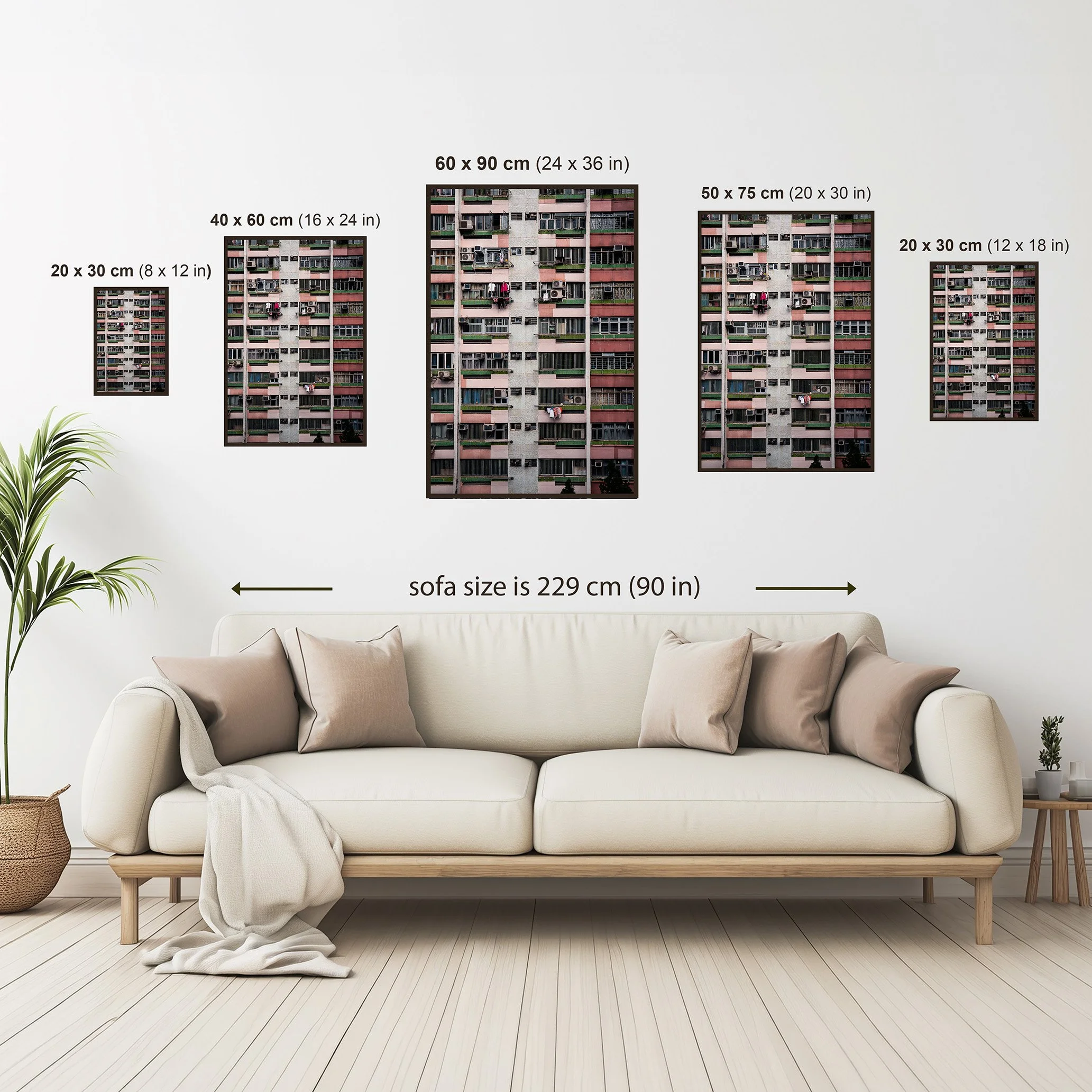 Hong Kong apartment facade print size guide showing available print dimensions