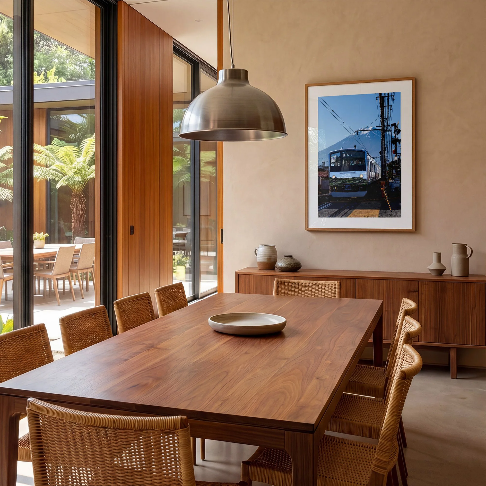 Mount Fuji photography print featuring a Japanese train at a railway crossing, displayed in an oak frame with white mat in a warm timber dining room.
