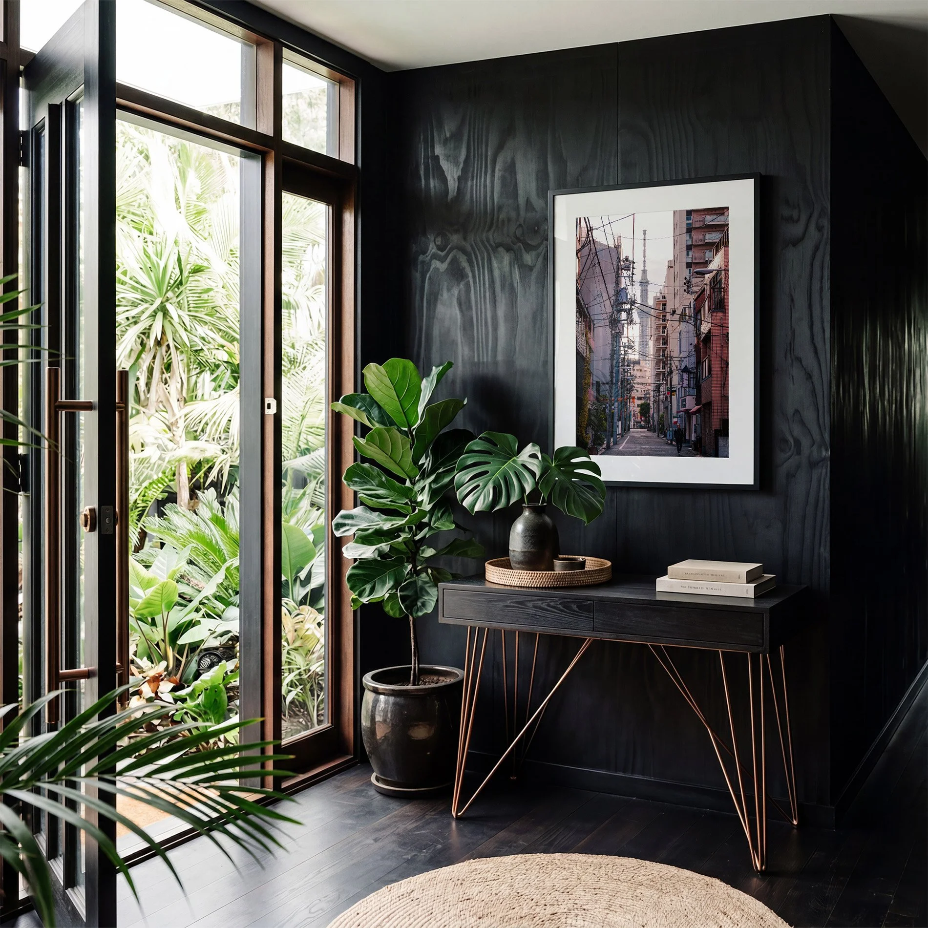 Tokyo Skytree street photography print displayed in a black frame against a dark woodgrain wall with plants and contemporary console.