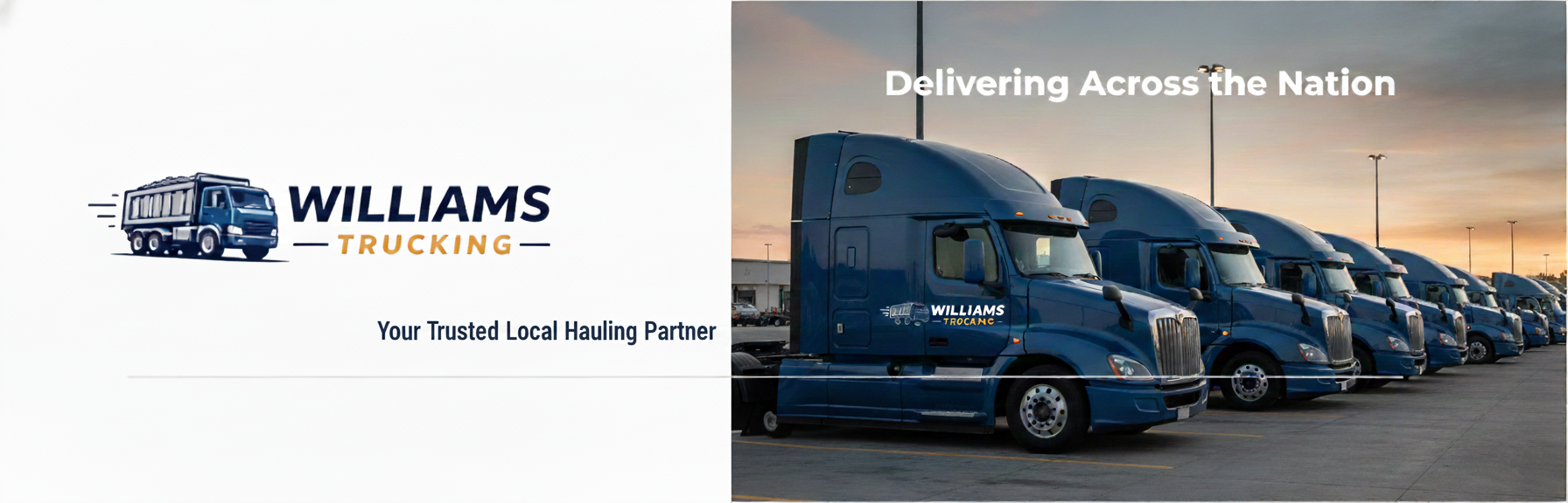 Line of blue semi-trucks parked on a lot during sunset, with the slogan 'Delivering Across the Nation' in the background, and the logo of Williams Trucking on the trucks.