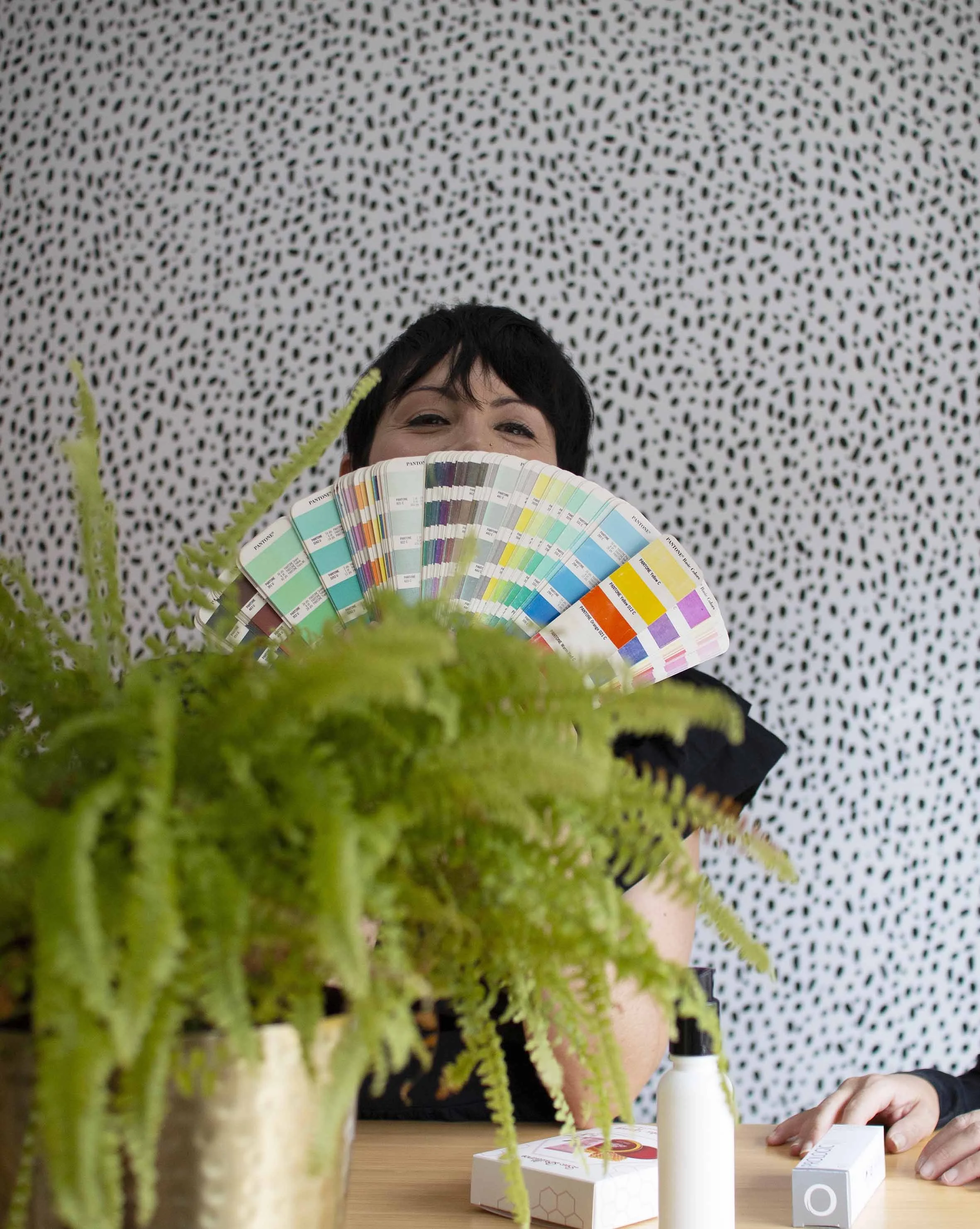 Person holding a colorful fan of paint samples, partially hiding their face, with a green plant in the foreground and a patterned black and white wall in the background.