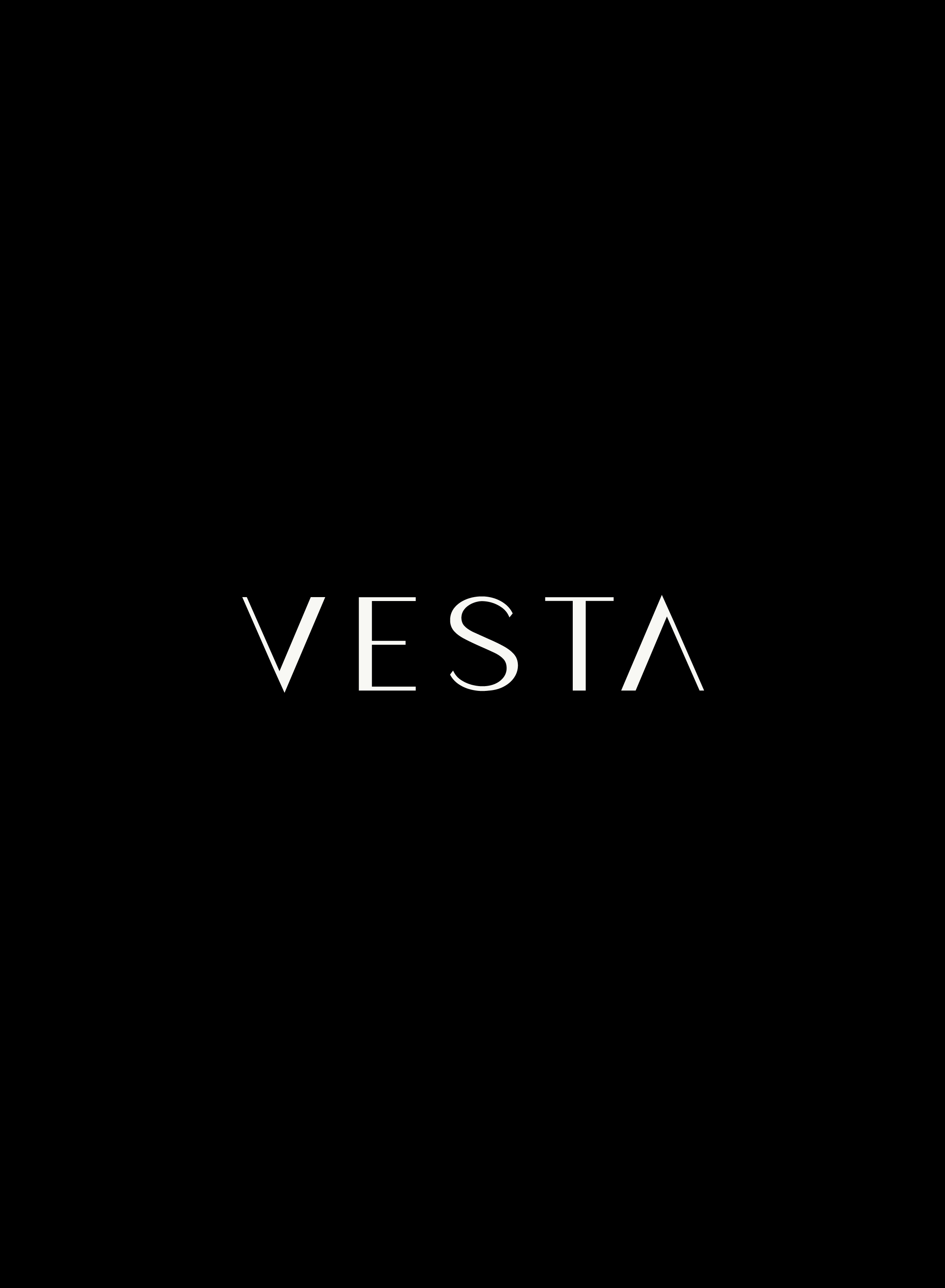 Branding for Vesta by Organic Lines Design Studio. Black background with minimal white text reading 'VESTA' in the center.