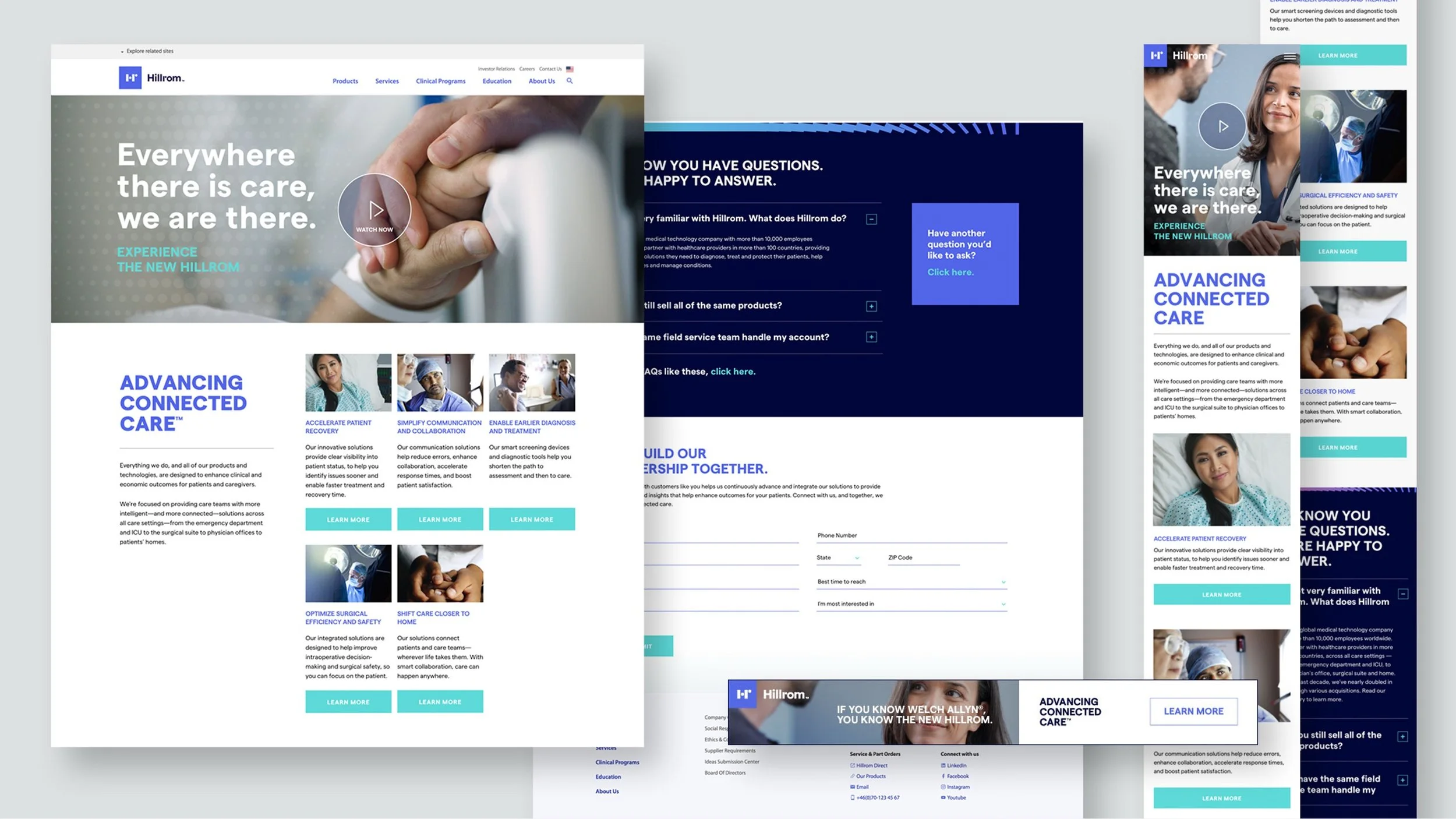 Multiple overlapping screenshots of the Hillrom healthcare company's website featuring healthcare professionals, patient care services, and information about their products and solutions with blue and white color schemes.