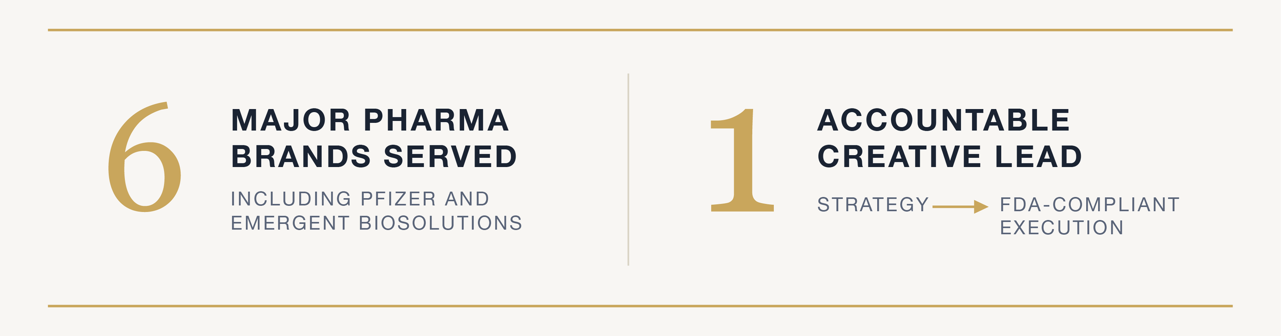 Infographic highlighting key achievements: 6 major pharma brands served, including Pfizer and Emergent Biosolutions; 1 accountable creative lead with FDA-compliant execution strategy.