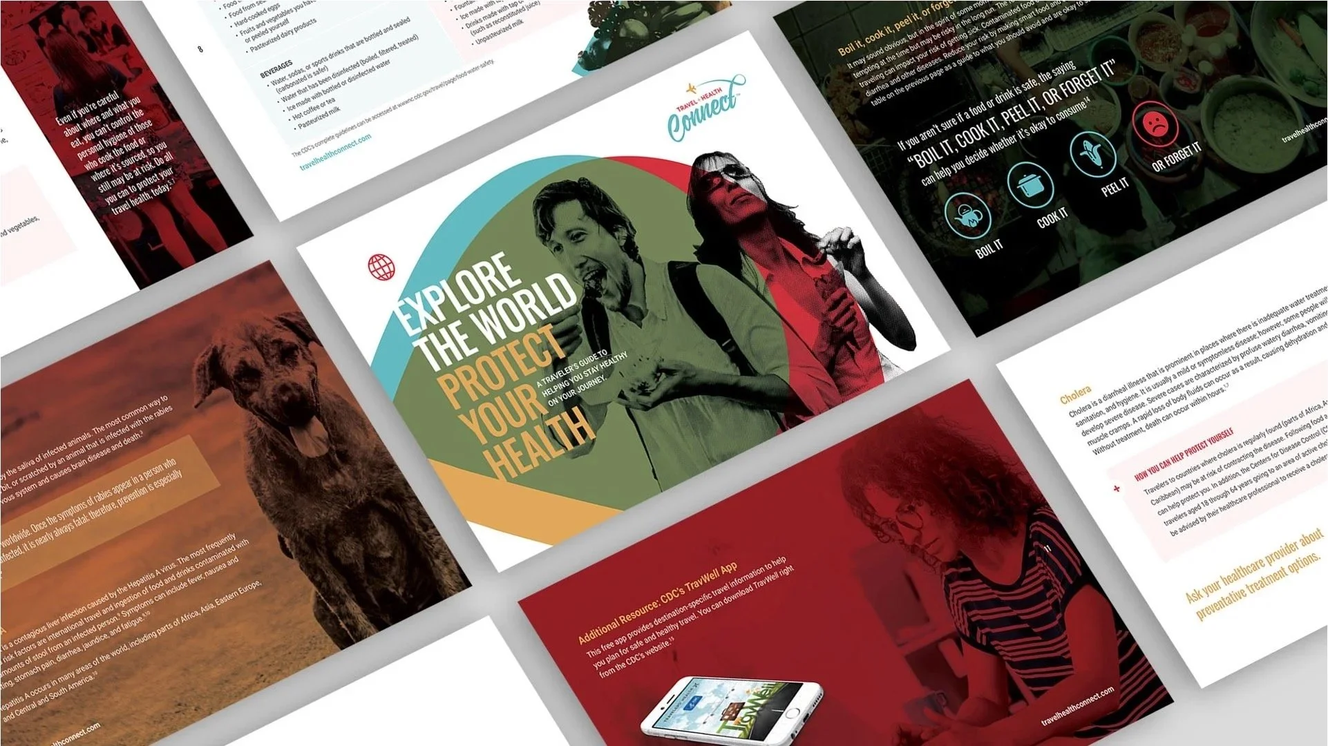 Colorful brochure layout about exploring the world and protecting health, featuring images of people traveling, a dog, and information about health topics and travel resources.