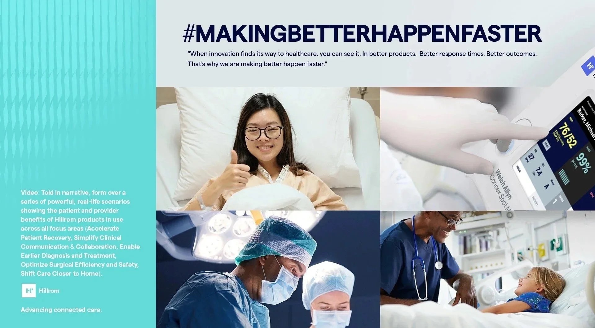Healthcare professionals and patients in medical settings, with a focus on medical technology and patient care, featuring a woman lying in bed giving a thumbs-up.