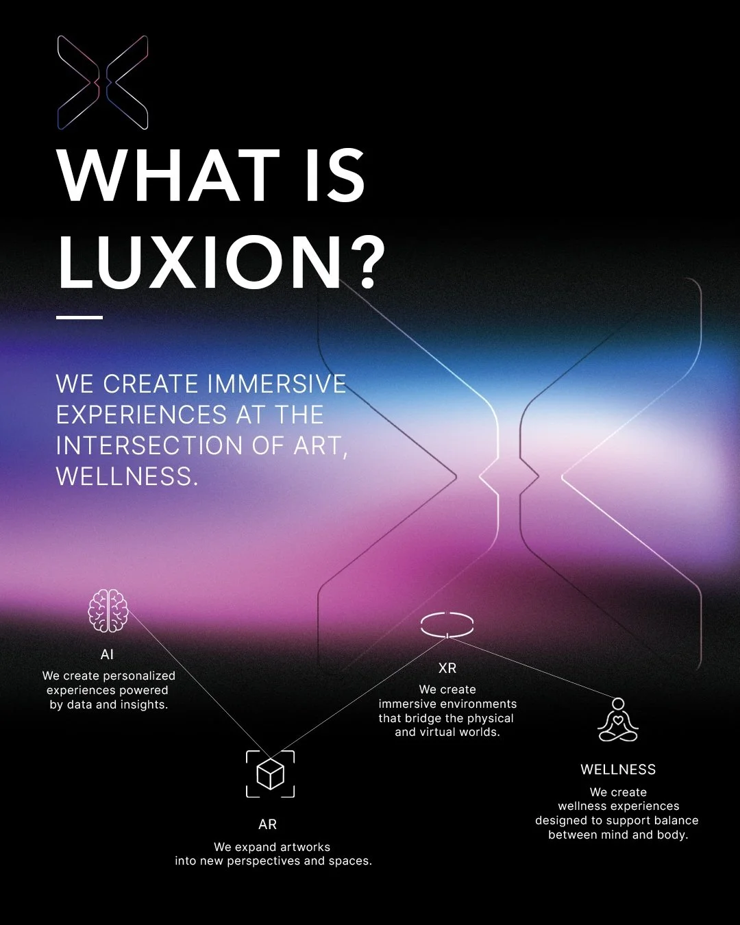 WHAT IS LUXION?

LUXION creates immersive experiences
at the intersection of Art, Technology, and Space.

AI &middot; AR &middot; XR 기술을 기반으로
전시, 공간, 웰니스, 인터랙티브 콘텐츠를
새로운 형태의 경험으로 연결합니다.

We don&rsquo;t use technology simply to make things look futuri