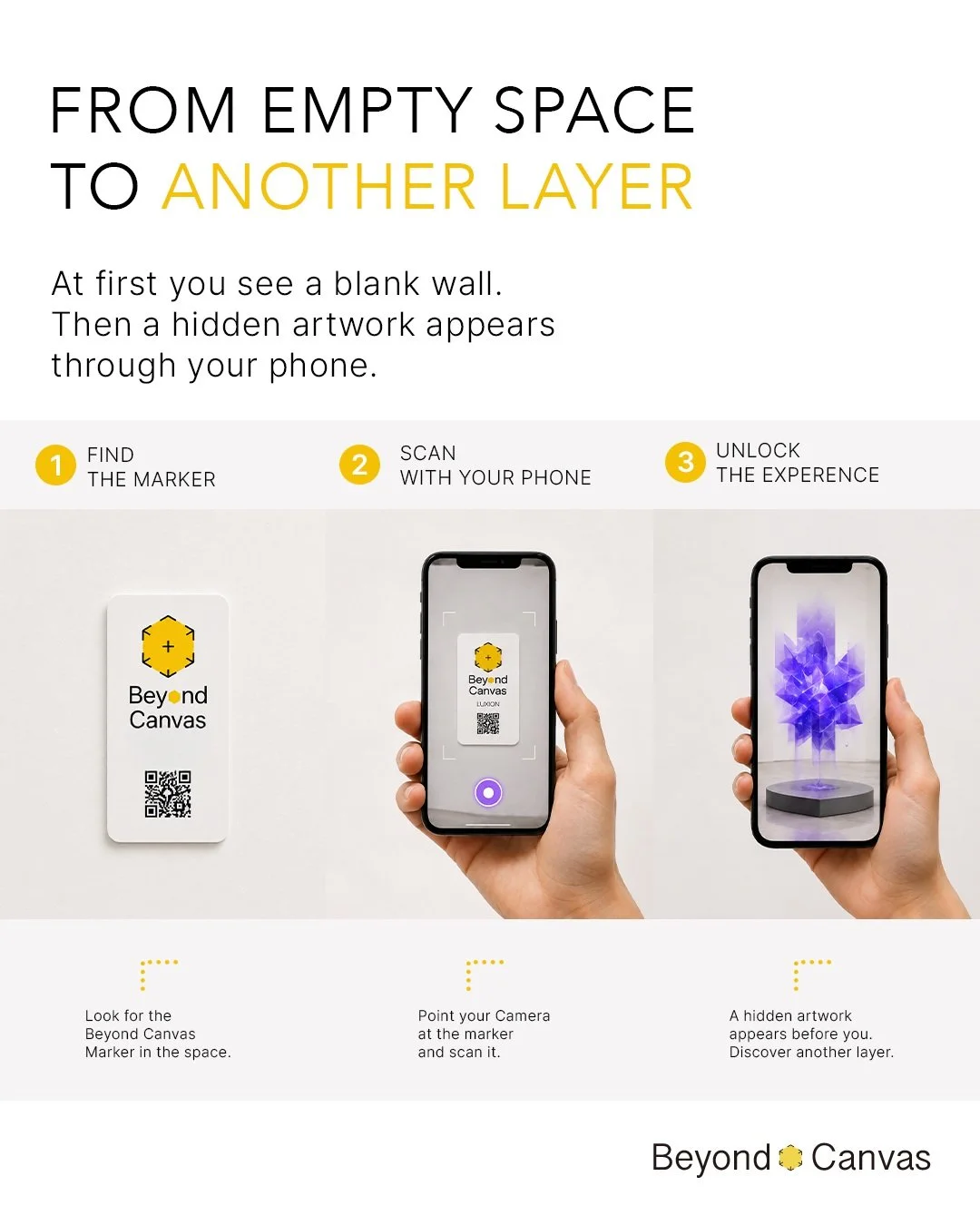 HOW IT WORKS.

No complicated setup.
Just find, scan, and discover.

01 FIND
공간 속 숨겨진 marker를 찾고,

02 SCAN
스마트폰으로 스캔한 뒤,

03 DISCOVER
숨겨진 AR artwork를 발견합니다.

04 EXPLORE
작품 주변을 움직이며 새로운 시점으로 경험하세요.

FIND &rarr; SCAN &rarr; DISCOVER &rarr; EXPLORE

Tec