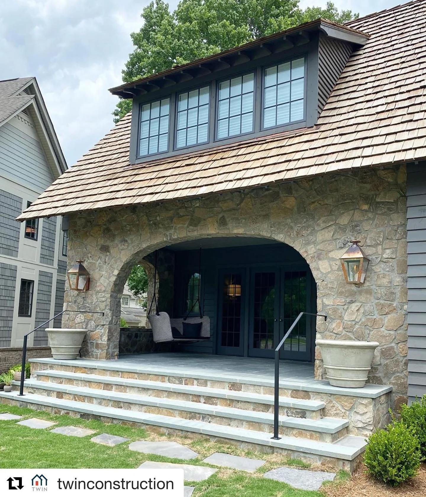 #Repost @twinconstruction with @get_repost
・・・
Whether with a cup of coffee or a glass of wine, this front porch is perfect for relaxing at any time of day! 

Plan Designer: @crystalwtucker
Designer: @frankeenandesign