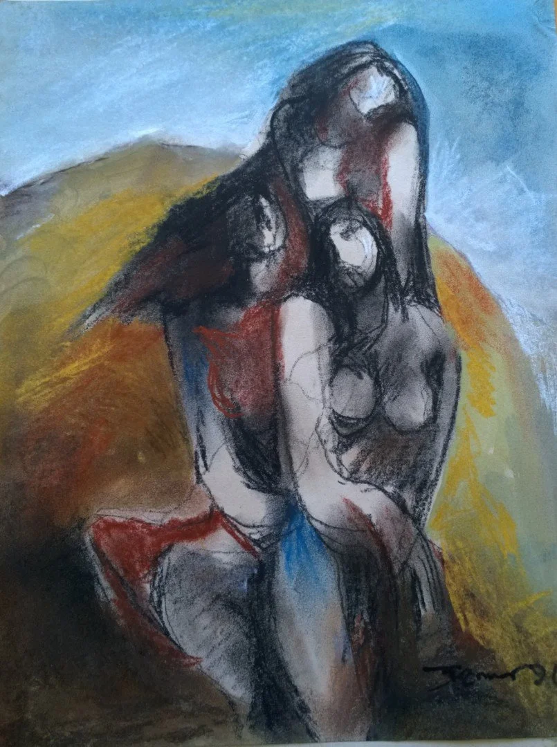 An abstract sketch of four women sitting together, with a colorful background of blue, yellow, and brown shades.