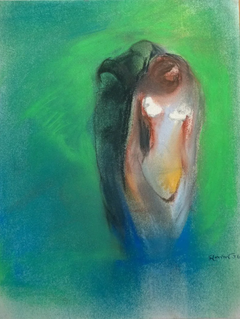 Abstract painting of a nude woman with long black hair, set against a green background.