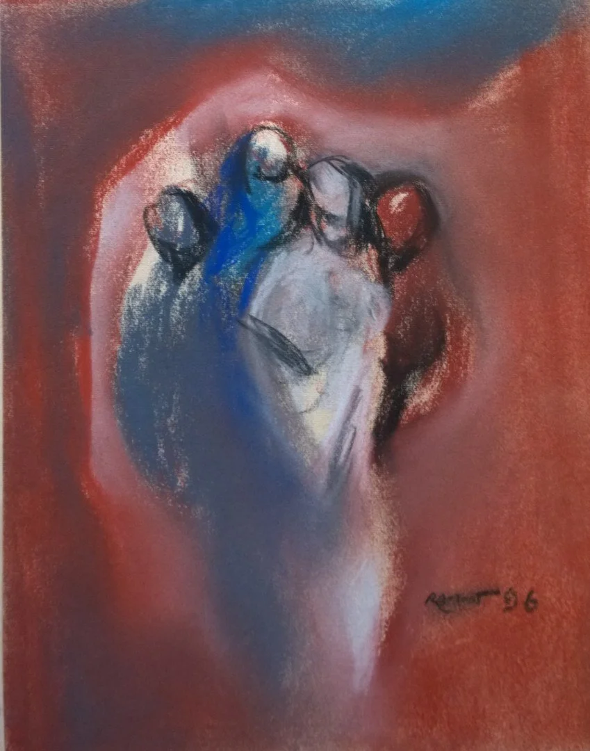 Abstract artwork of a human face with a focus on the nose and mouth, using shades of red, blue, black, and white.