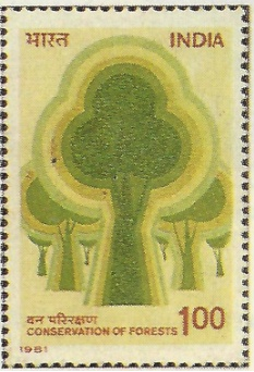 Indian postage stamp featuring a stylized green tree and forest, with 'India' and 'India' written at the top, and 'Conservation of Forests' written at the bottom.