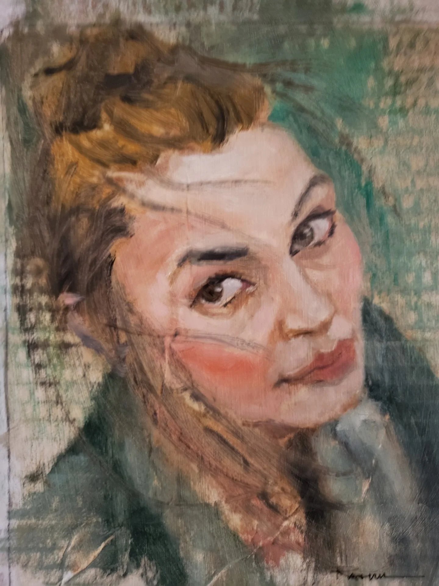 A painting of a woman with short, blonde hair and a gentle expression, wearing a dark top. The background is a textured mix of green and beige tones.