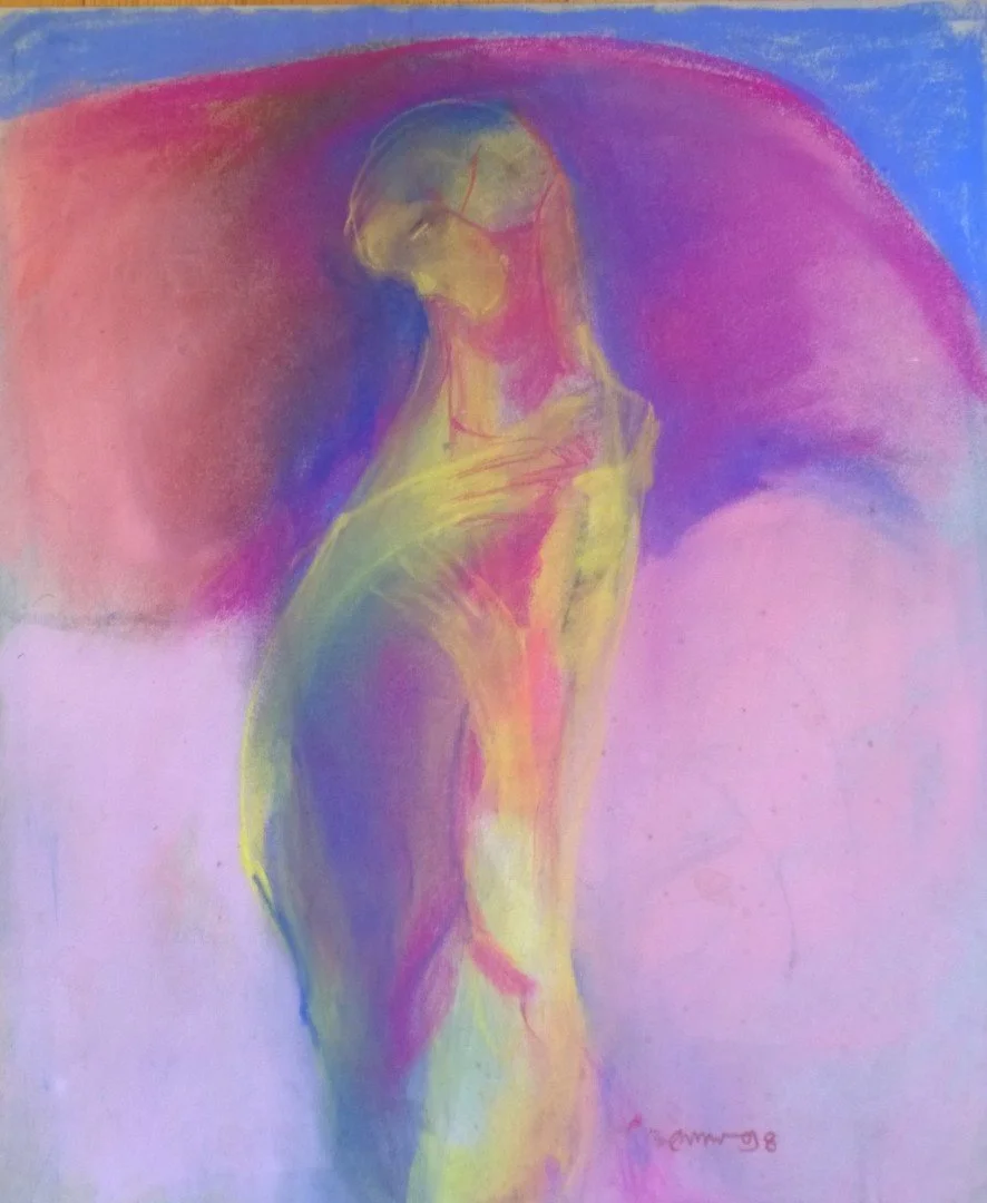 Abstract pastel-colored painting of a woman with her hand on her chest, with a large blue and pink shape in the background.