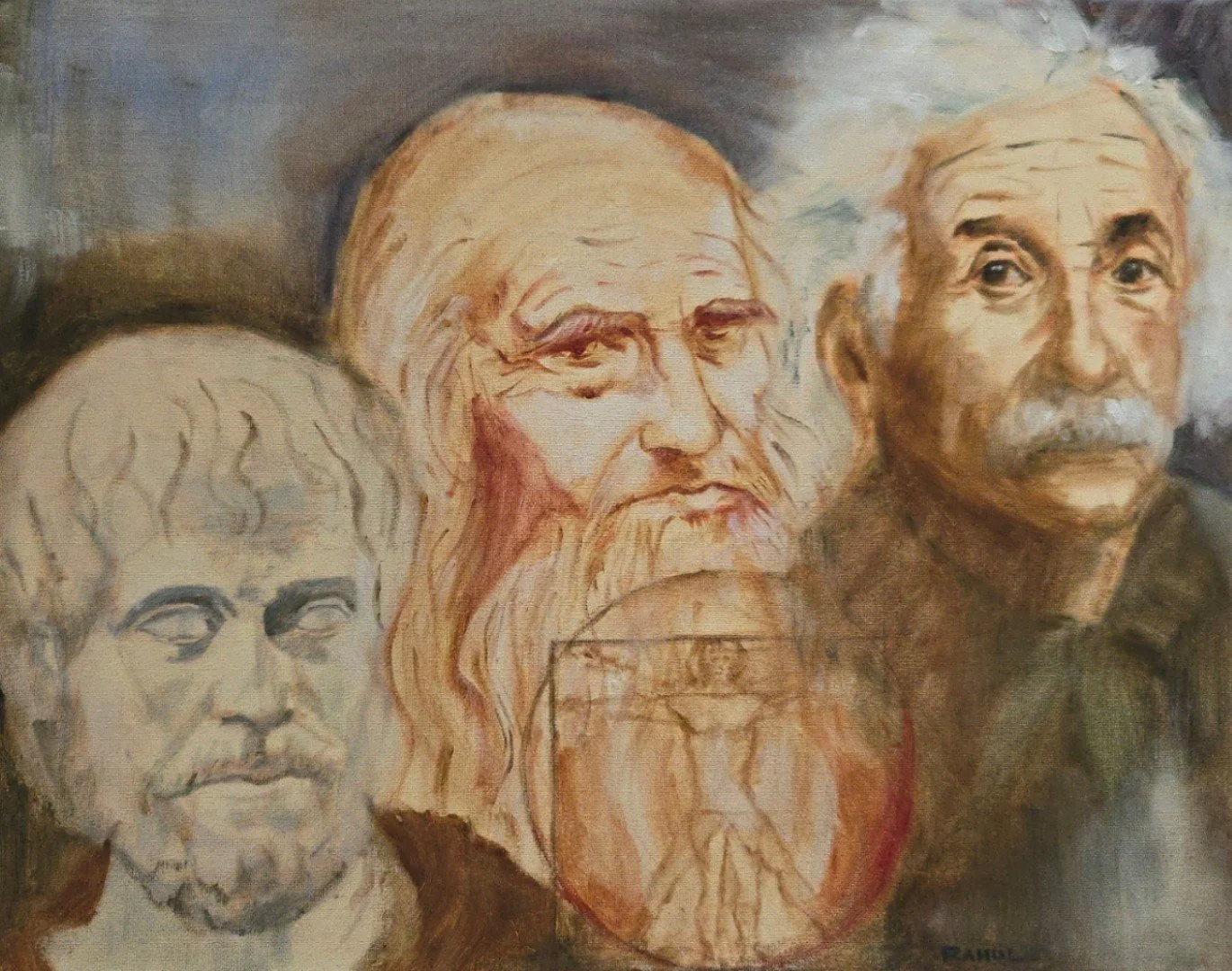 Painting of three distinguished elderly men with beards, with a focus on their faces, done in warm tones of brown and beige.
