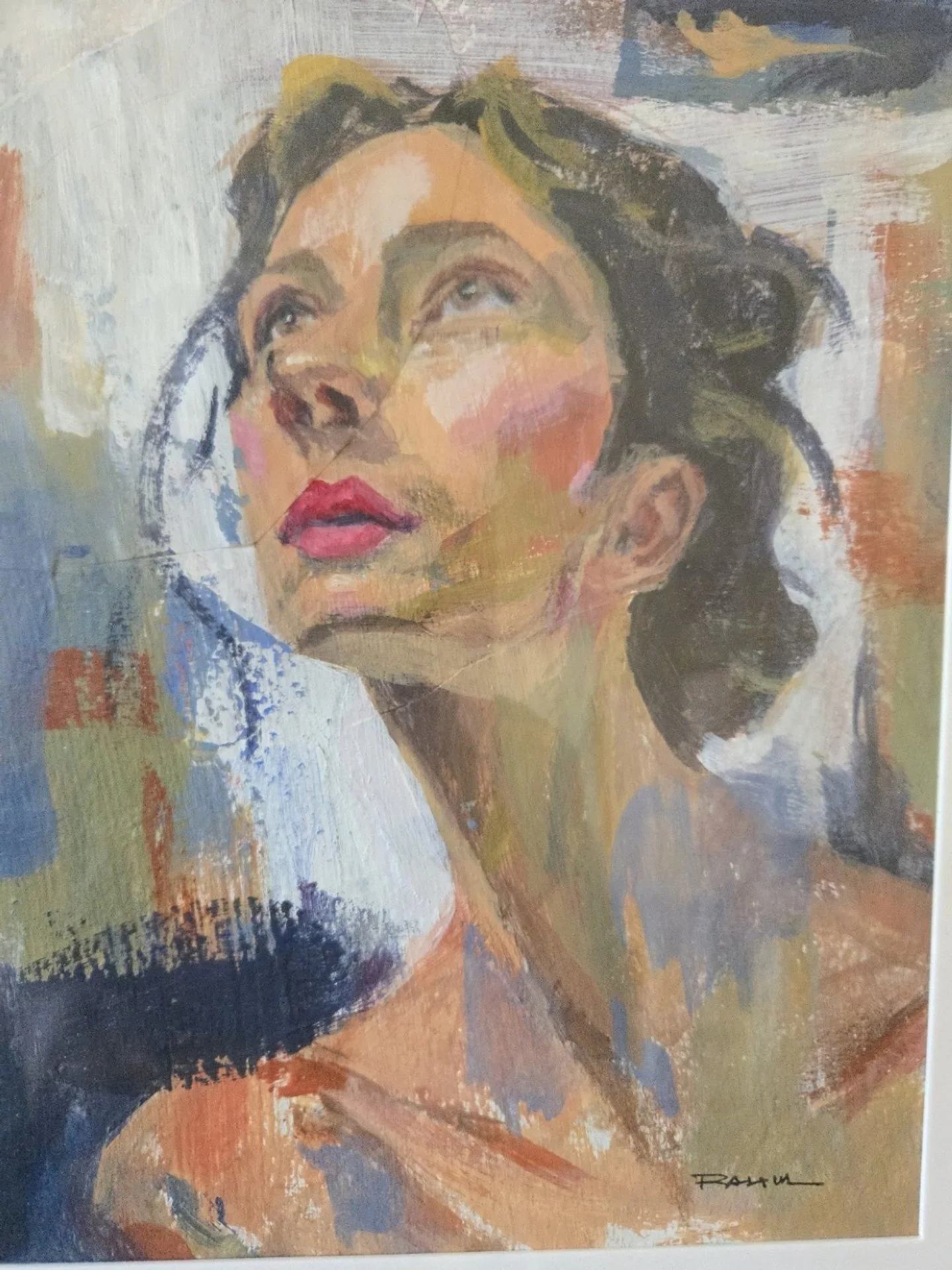 A portrait of a woman with short dark wavy hair looking upward and slightly to the left, with pink lips and a soft expression, painted in an impressionistic style with textured brushstrokes and warm earthy tones.