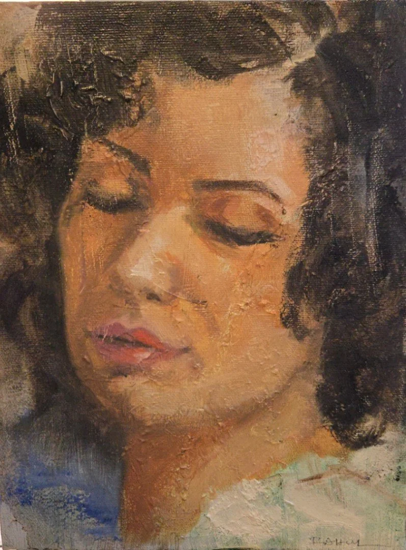 A painting of a woman with curly dark hair, her eyes closed, and her lips slightly parted.