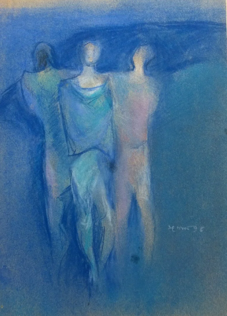 Three abstract figures standing close together against a blue background, with arms around each other's shoulders, created with soft pastel colors.
