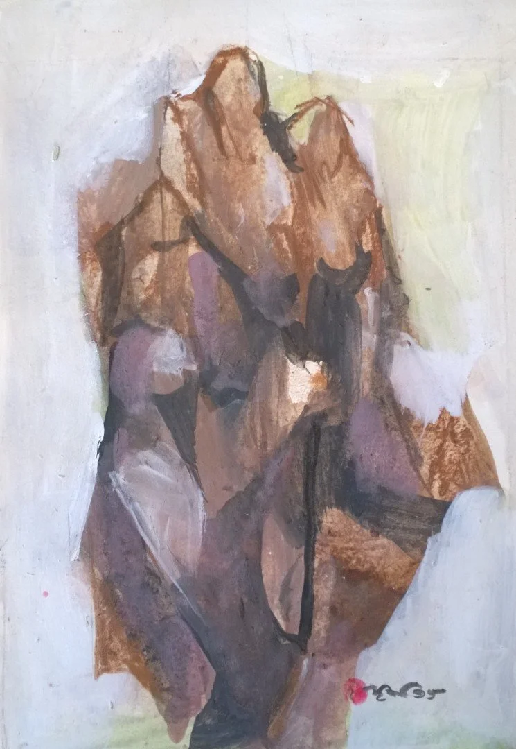 Abstract painting of two women embracing, with minimal details and earthy tones.