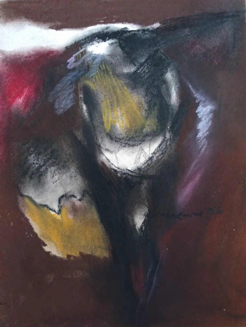 Abstract painting with dark background, yellow, white, black, and reddish brushstrokes.