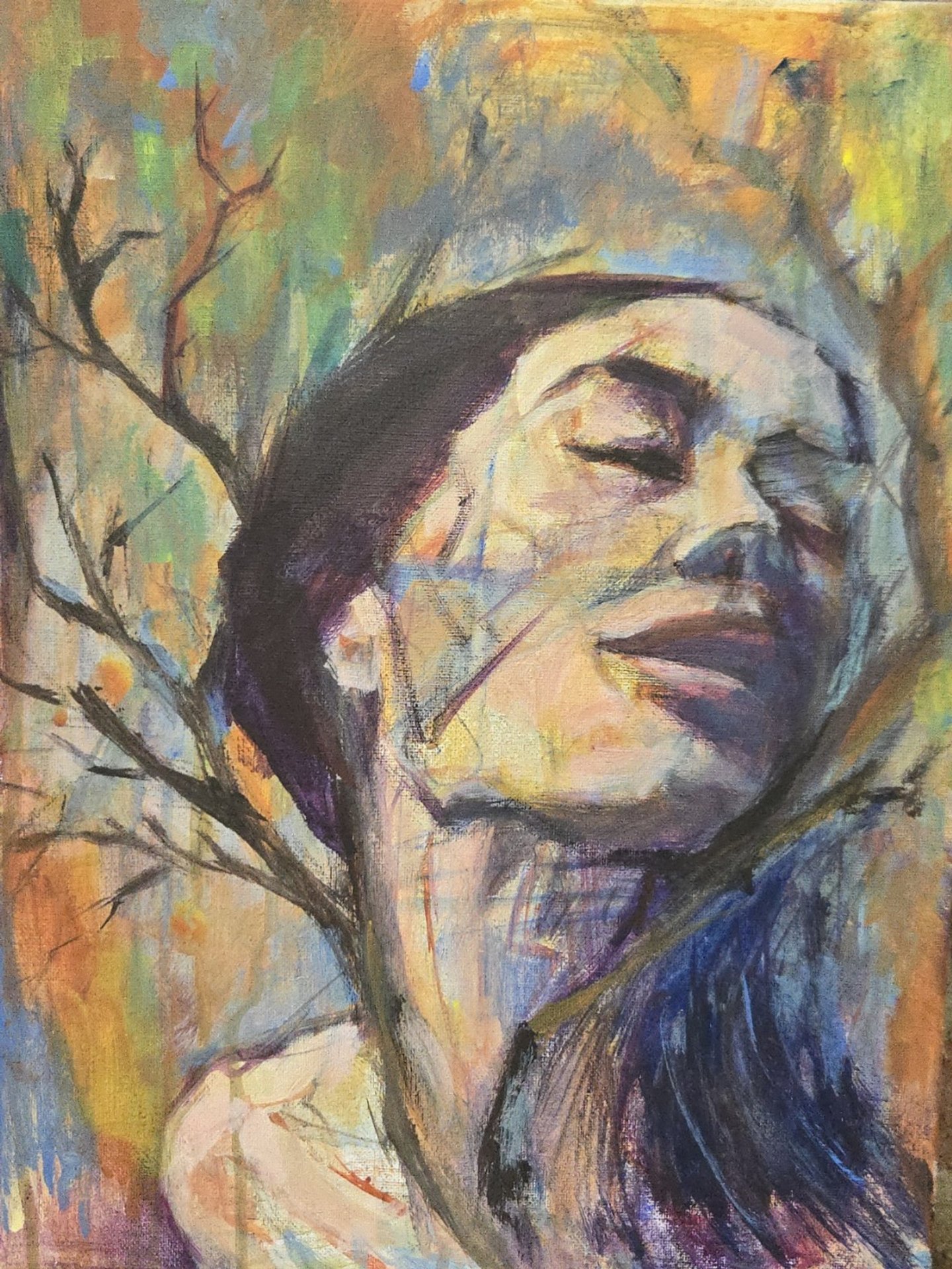 Painting of a woman with eyes closed, resting her chin on her hand, surrounded by colorful abstract background and tree branches.