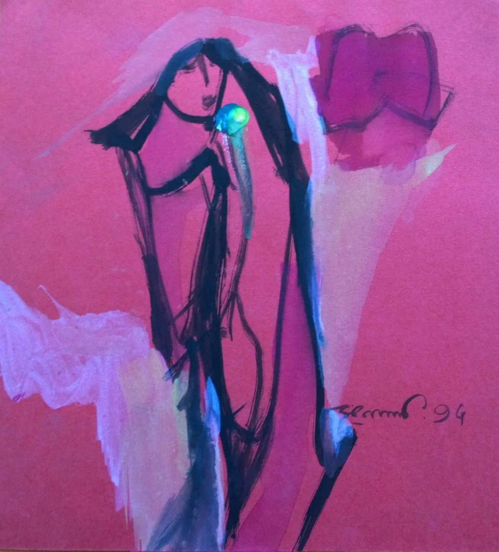 Abstract drawing of a woman with long hair, using black, pink, and white colors on a pink background.