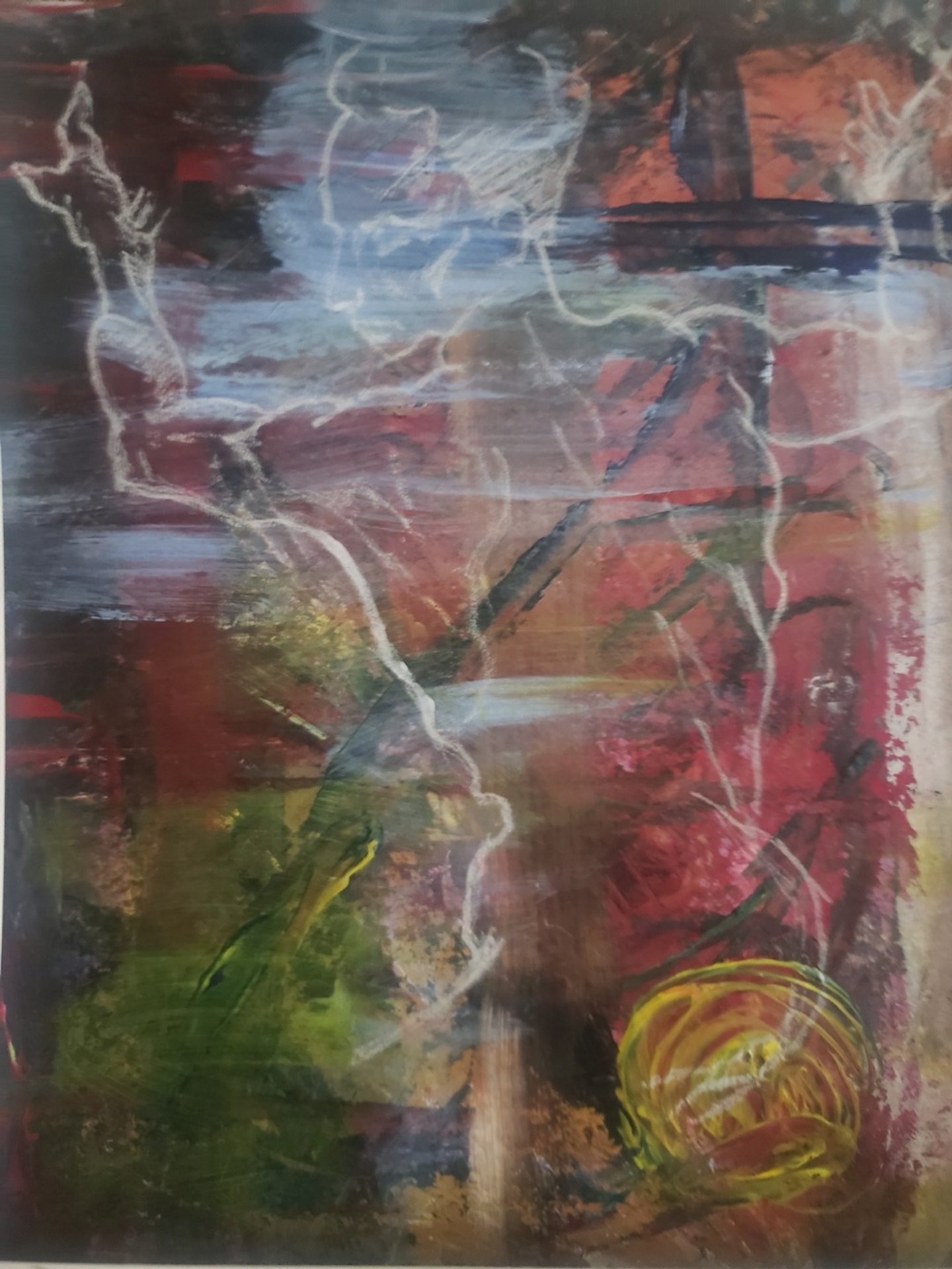 An abstract painting with dark red, black, green, and yellow colors, featuring white swirling lines and a yellow circular shape in the bottom right corner. Inspired by Michelangelo's Libyan Sibyl. 