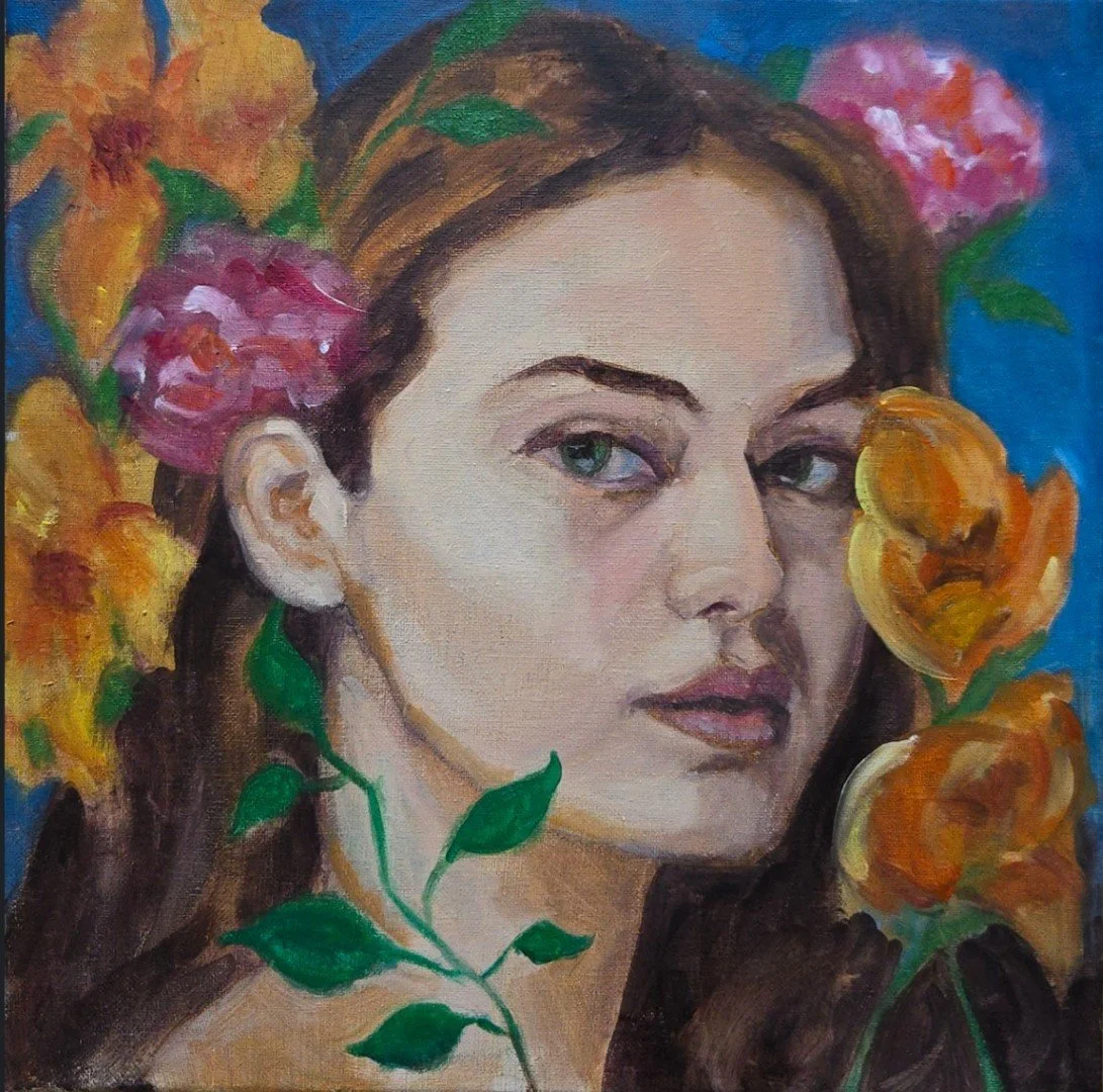 A portrait painting of a woman with long brown hair, blue eyes, and a serious expression, surrounded by orange and pink flowers with green leaves against a blue background.