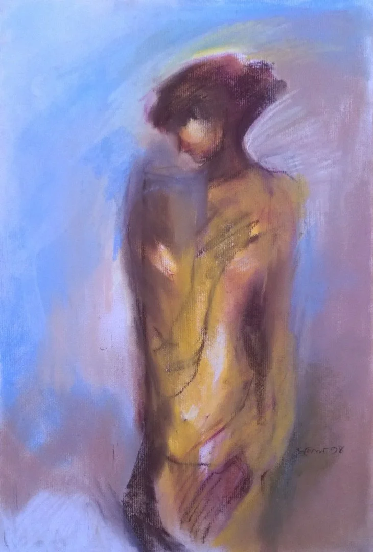 An abstract painting of a woman with curly hair, looking down with her arms crossed over her chest, utilizing soft pastel colors and expressive brushstrokes.