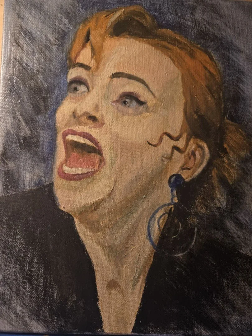 Painting of a woman with reddish hair, wearing earrings, with her mouth open as if singing or shouting.