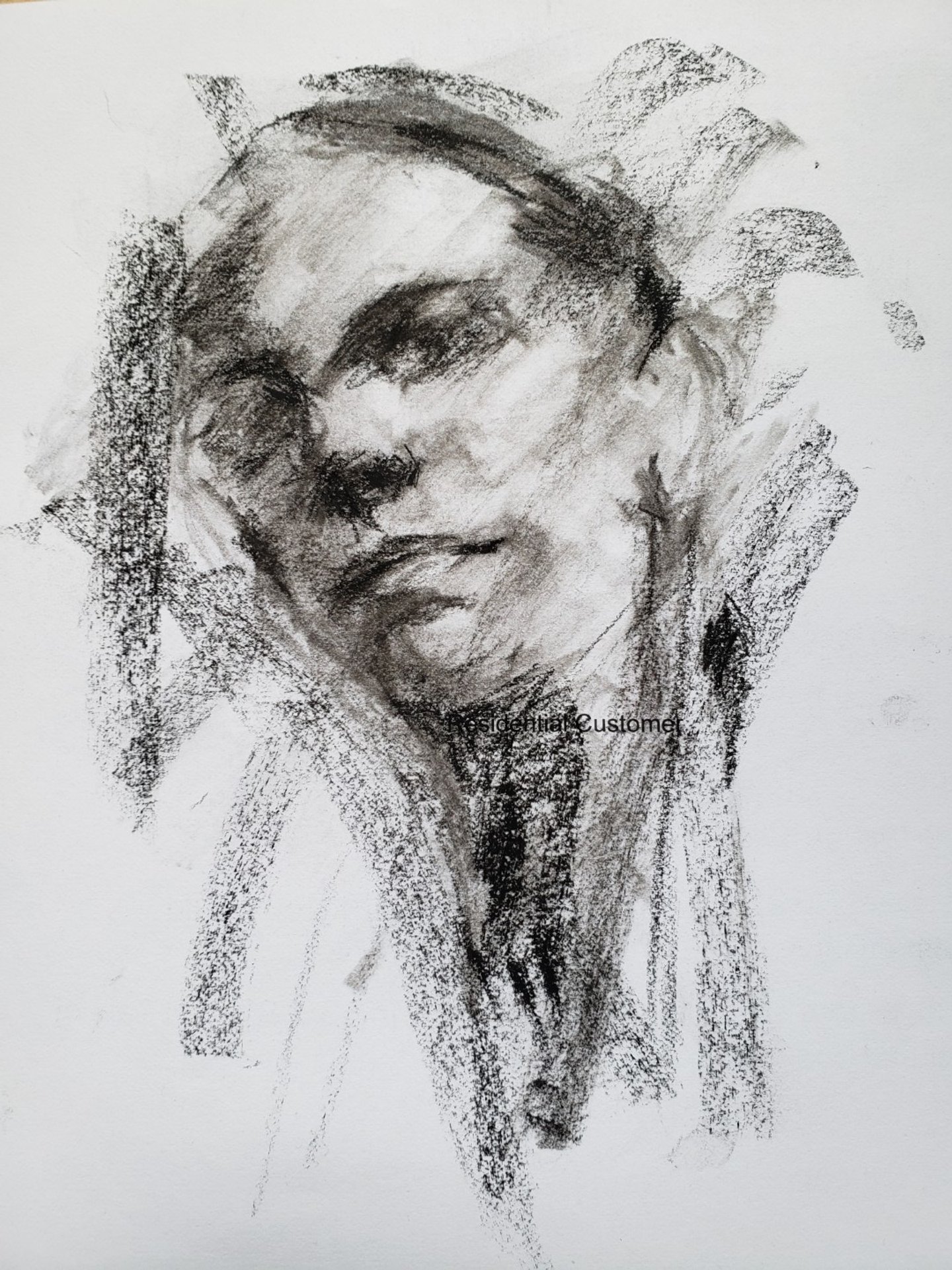 A black and white sketch of a person's face, wearing sunglasses and a scarf or collar, with long hair.