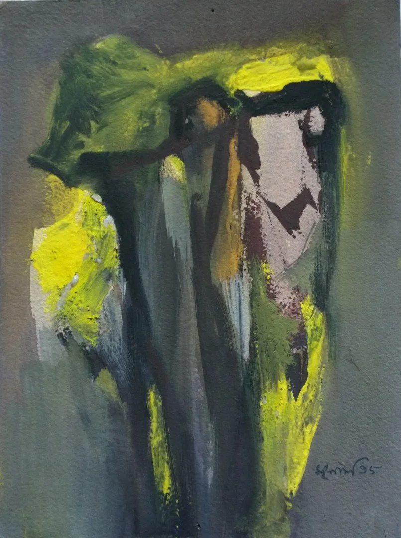 An abstract painting of a woman with long dark hair, wearing a yellow and gray dress, standing beside a mirror, with loose brushstrokes and a dark background.