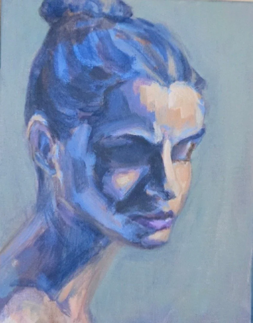 A portrait painting of a woman with her hair in a bun, depicted in shades of blue, purple, and peach.