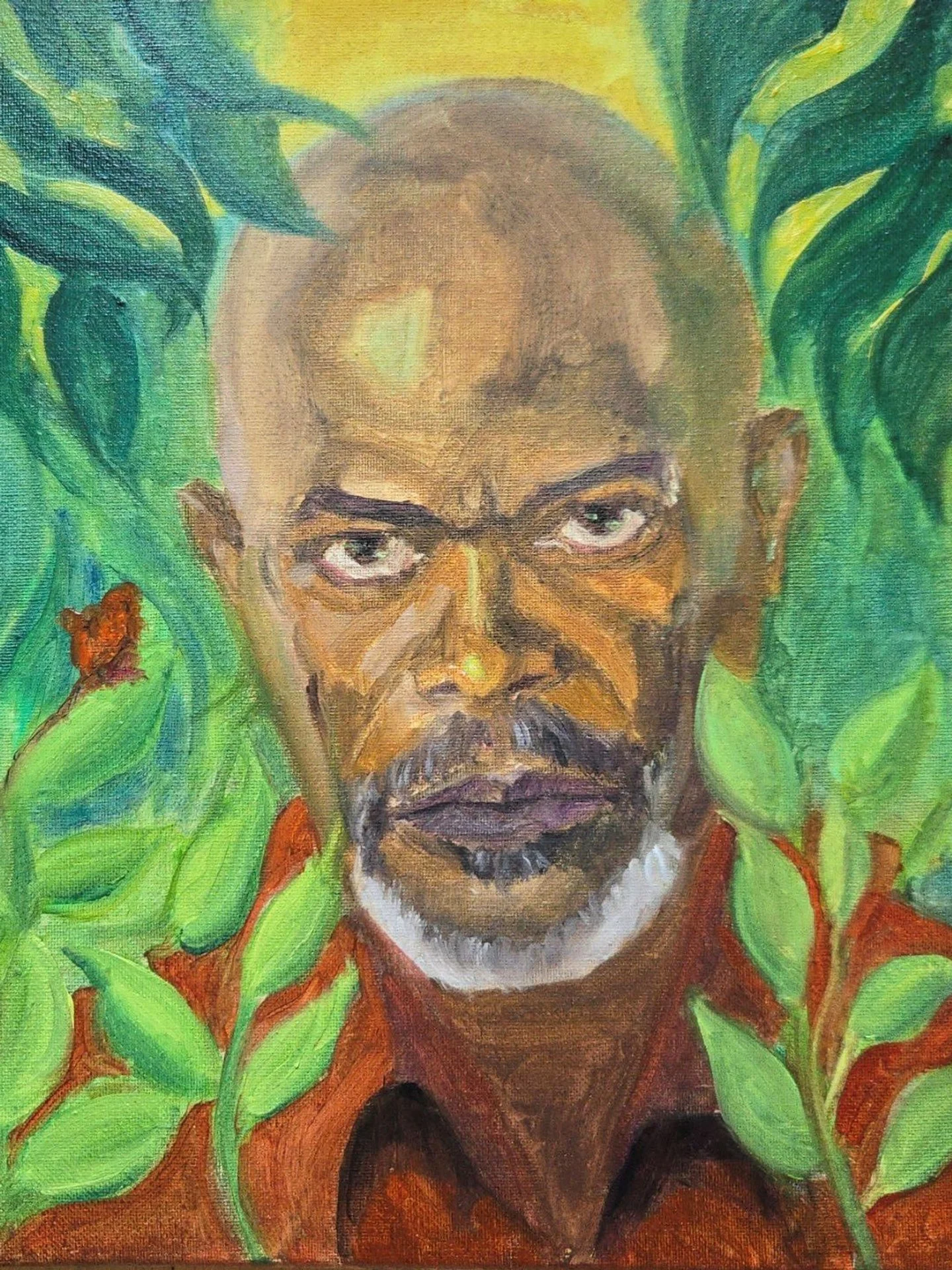 Painting of a man with a beard, and a serious expression, surrounded by green leaves and orange flowers.