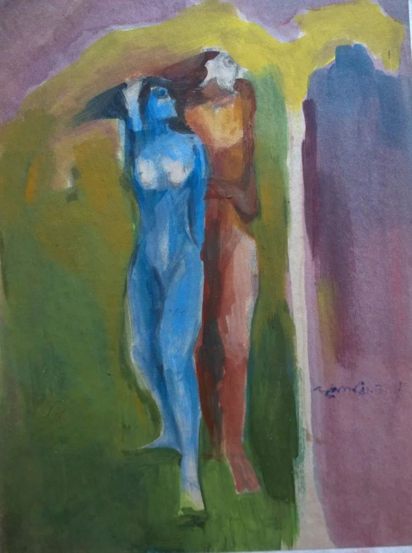 An abstract painting depicting two female figures, one painted in shades of blue and the other in shades of brown, standing together in a landscape with green and purple background.