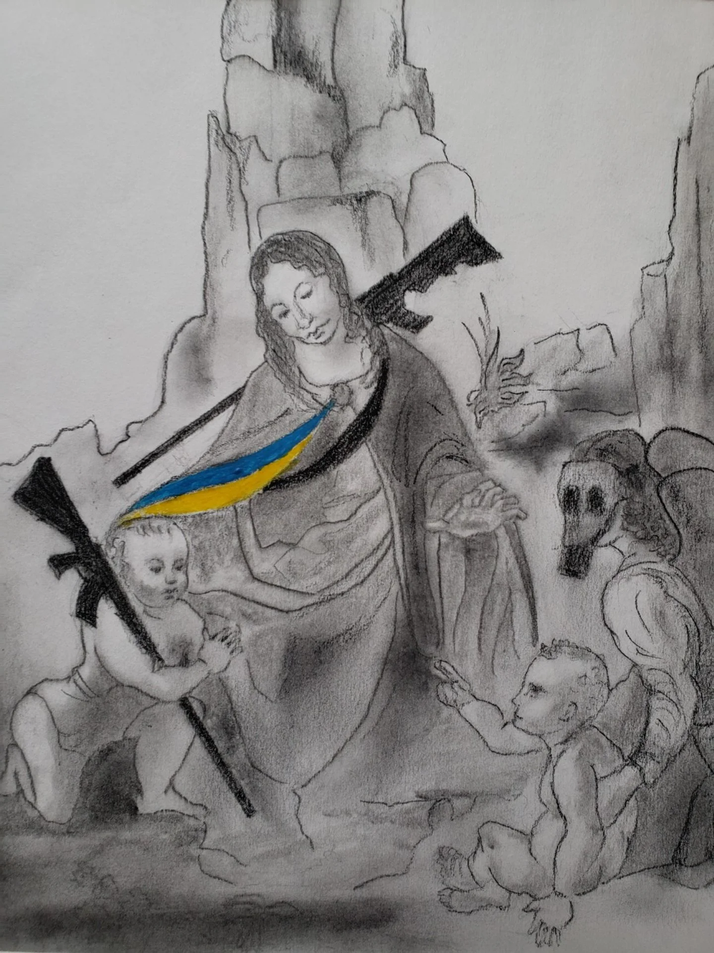 Charcoal drawing based on Leonardo Da Vinci's Madonna of the Rocks reimagined for modern times where a mother needs to keep her child safe  