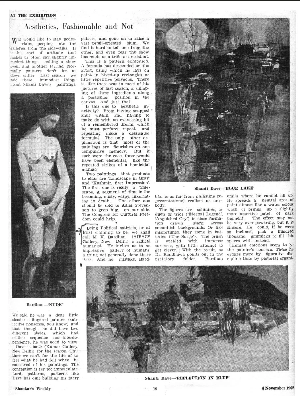 A newspaper page featuring articles and images about paintings. The images include an abstract painting titled 'Blue Lake' by Shanti Dave, a painting labeled 'Nude' by Bardhan, and a reflection photo titled 'Reflection in Blue' also by Shanti Dave. The articles discuss art exhibitions and critique the paintings.