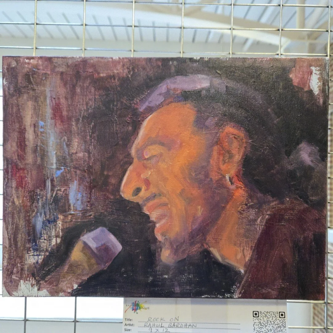 Painting of a man singing into a microphone, wearing a black hat and dark clothing, with a textured background.