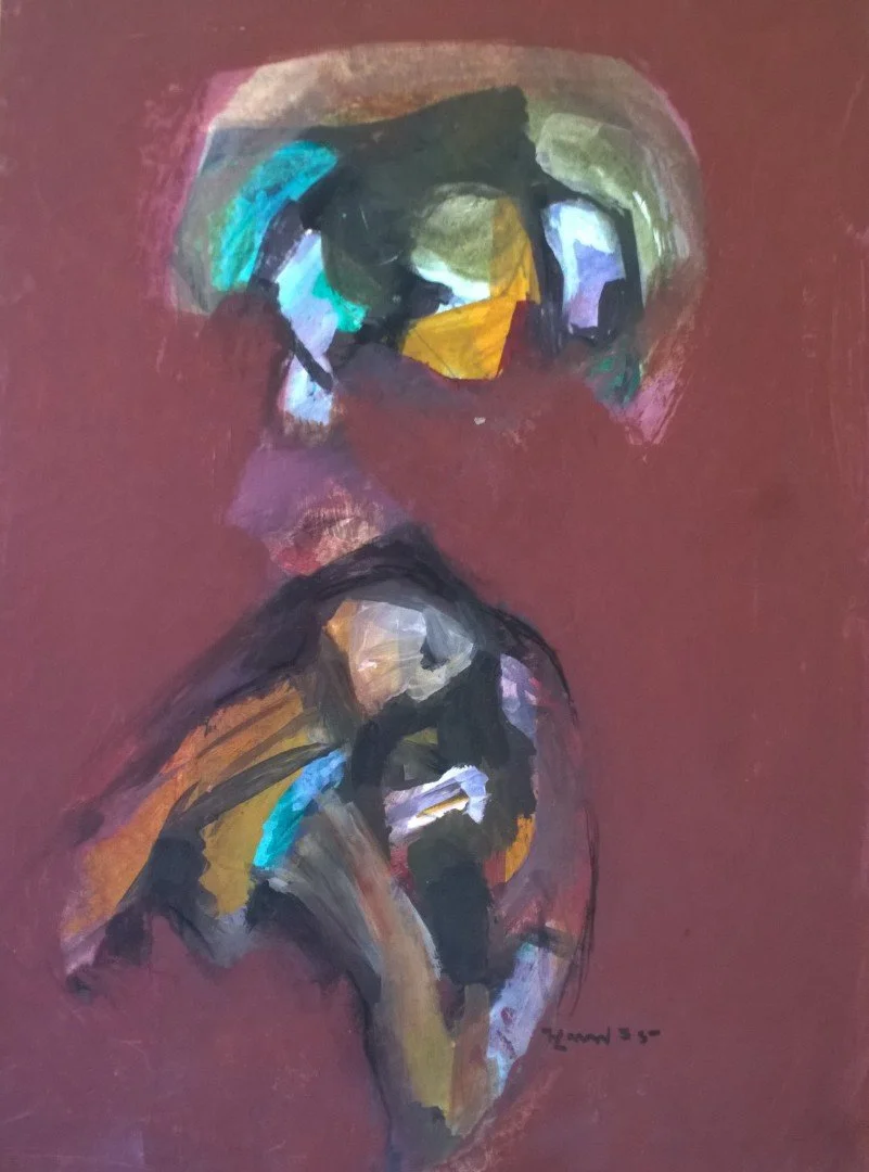 Abstract painting of a person with a colorful face and hand, set against a reddish background.